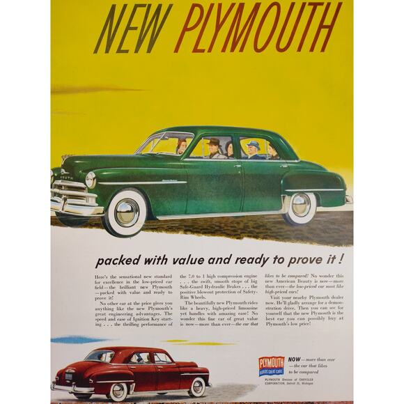 1950 New Plymouth Green Sedan Yellow Background - Bold Colorful‎ Vtg Print Ad - Picture 1 of 6